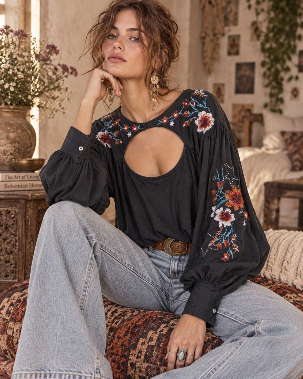 Free People lita peasant top Black Floral Embroidered Open Back Pullover Top XS